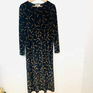 Vintage 90s Black Velour Gold Floral Print Dress Large Long Sleeve Stretch USA